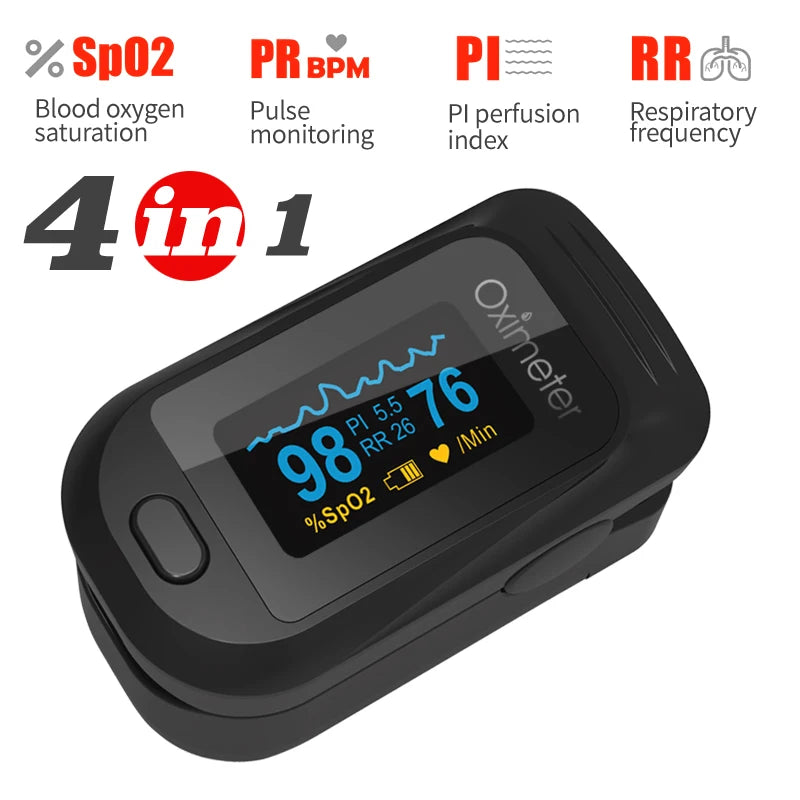 Fingertip Pulse Oximeter | SpO2, Heart Rate, PI & RR Monitor | OLED Display | Portable Oxygen Saturation Meter | Blood Oxygen Monitor for Home Use