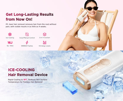 IPL Hair Removal Device | 999,900 Flashes, 8-Week Results, Auto-Glide Laser Epilator for Face, Body, Bikini – Painless & Safe