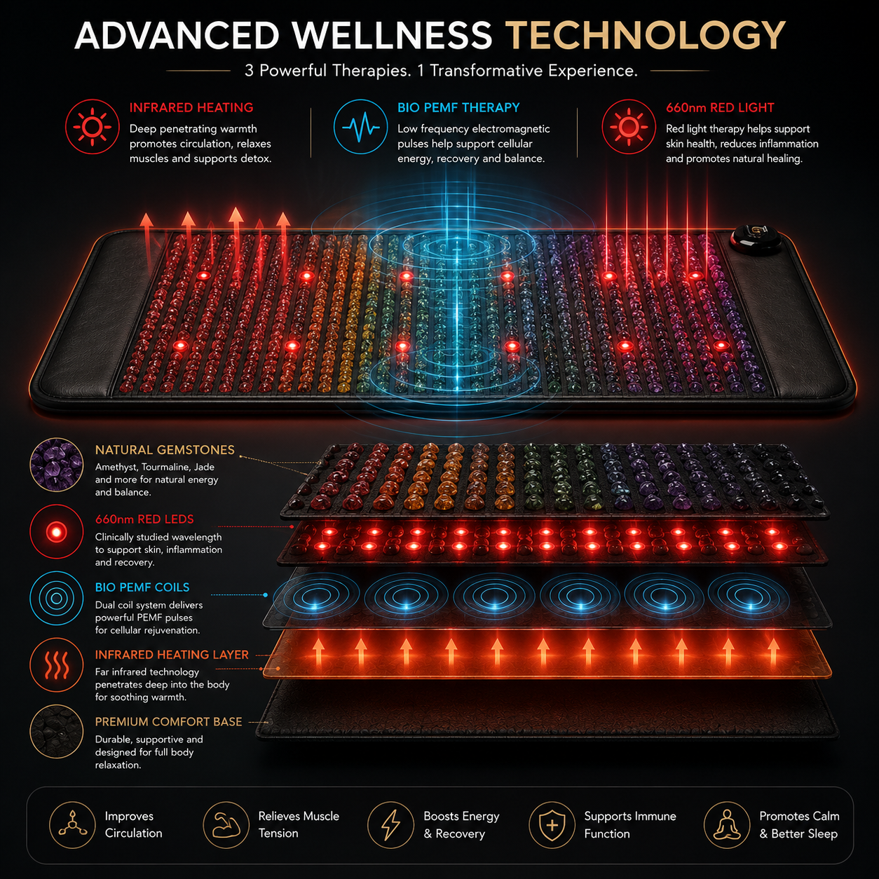 PEMF Infrared Therapy Mat | Red Light, Amethyst, Tourmaline & Jade Heating Cushion