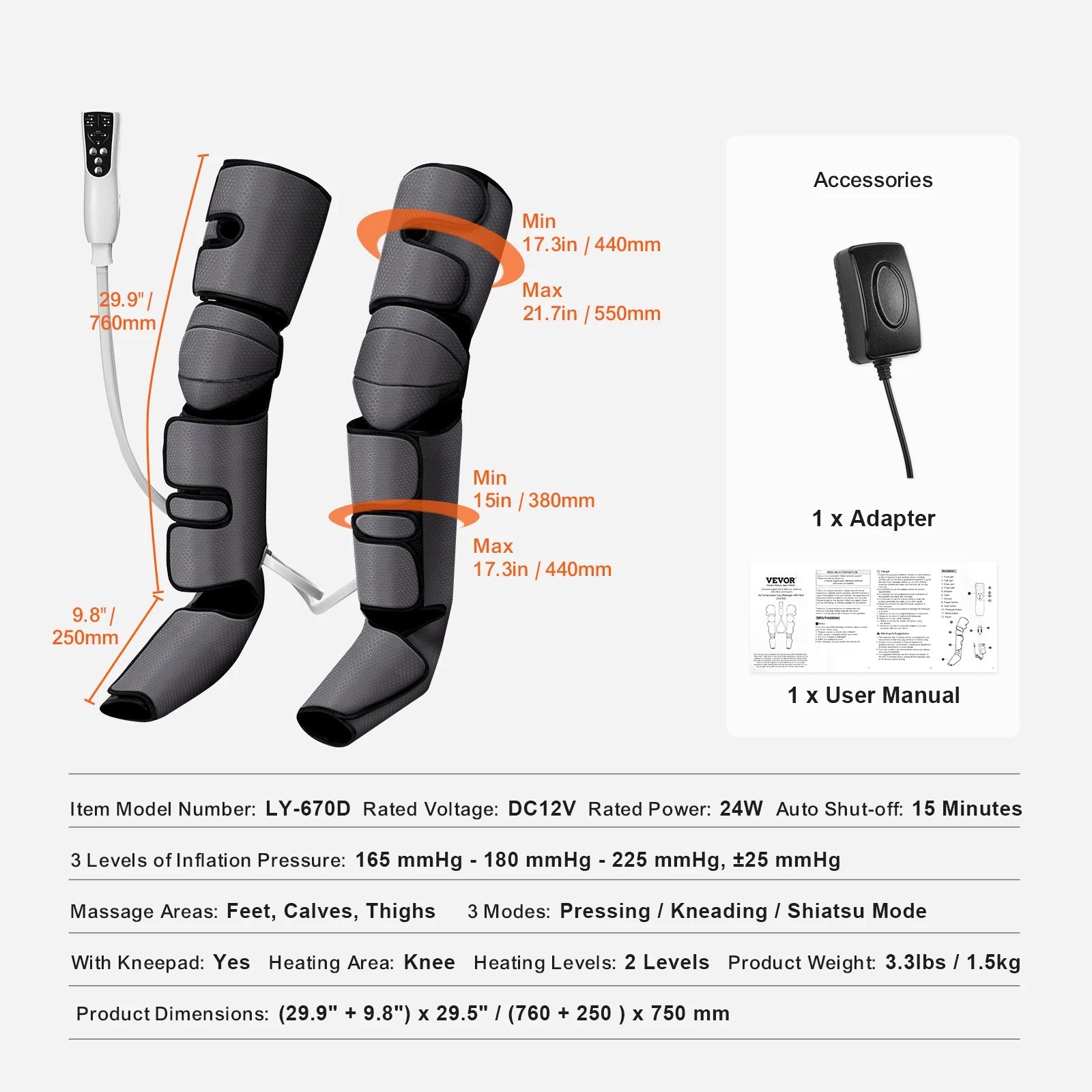 Leg Compression Massager with Heat | Full Leg Foot Calf Thigh Massager with Air Compression, 3 Modes, 3 Intensities, Knee Heating