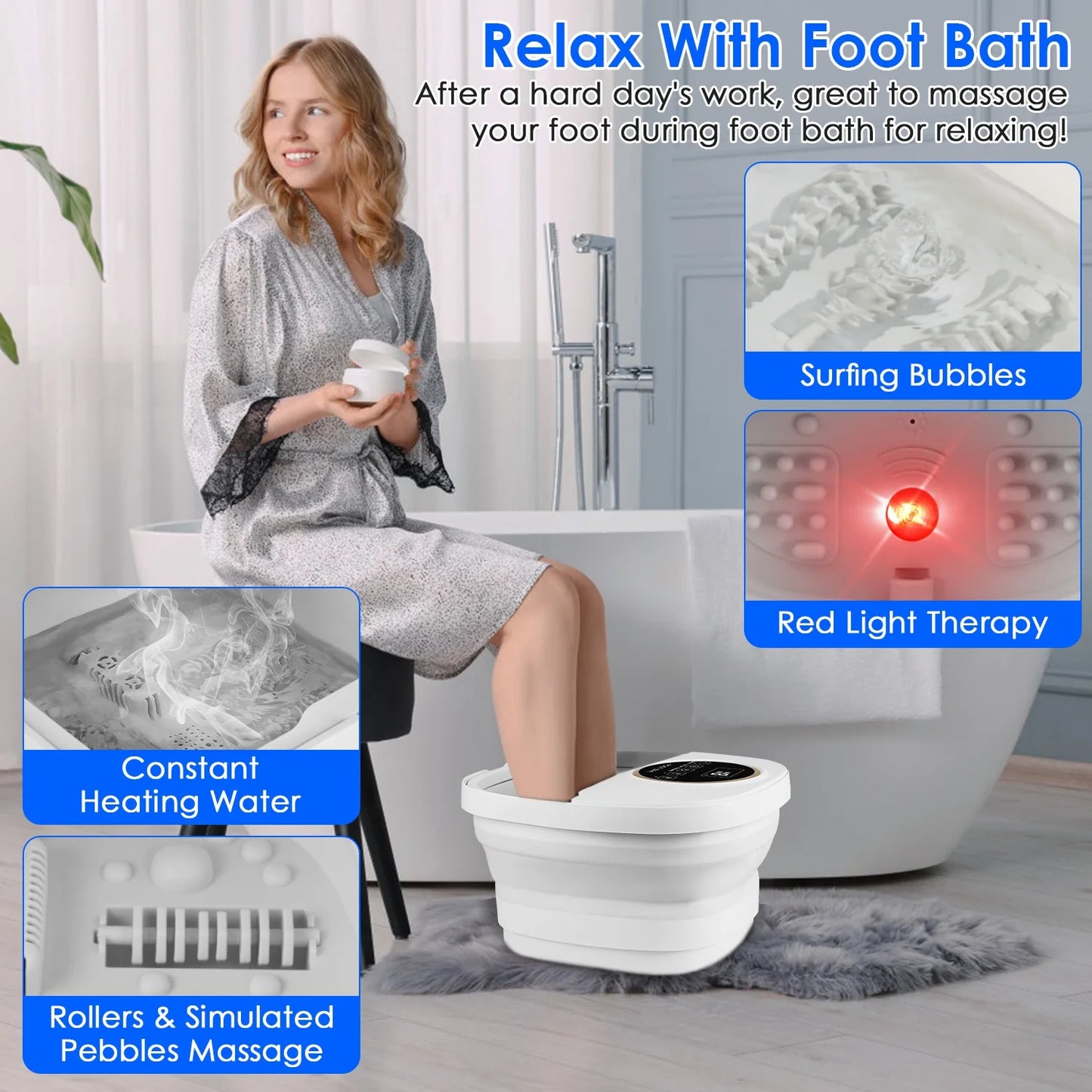Electric Collapsible Foot Spa Bath Tub | Heating, Surfing Bubbles, 6 Rollers, Remote Control & 24-Level Temperature | Foldable & Portable Design