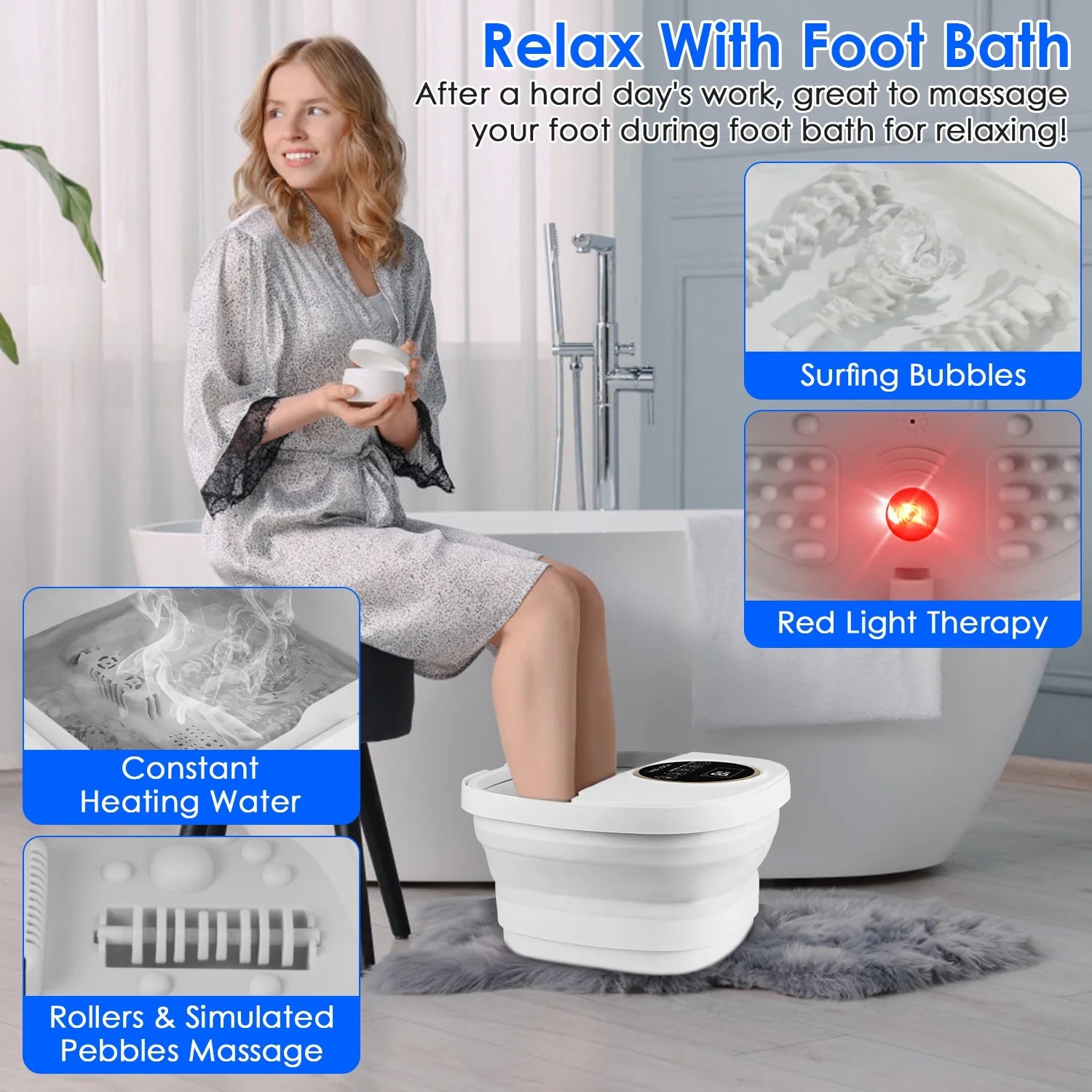 Electric Collapsible Foot Spa Bath Tub | Heating, Surfing Bubbles, 6 Rollers, Remote Control & 24-Level Temperature | Foldable & Portable Design