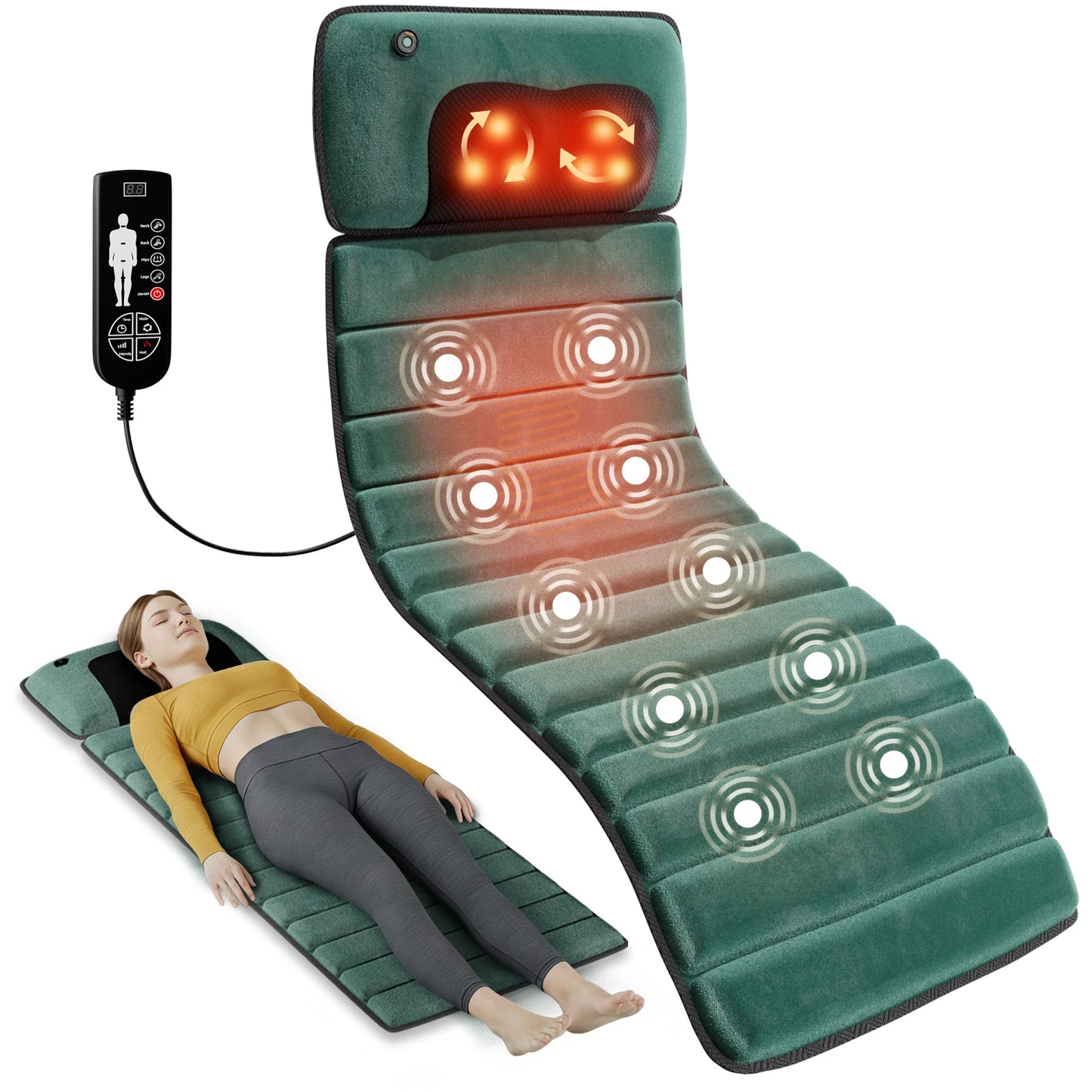 Full Body Massage Mat with Heat | 10 Motor Vibration Therapy Pad, 9 Speed Relaxation Mattress with Detachable Neck Pillow