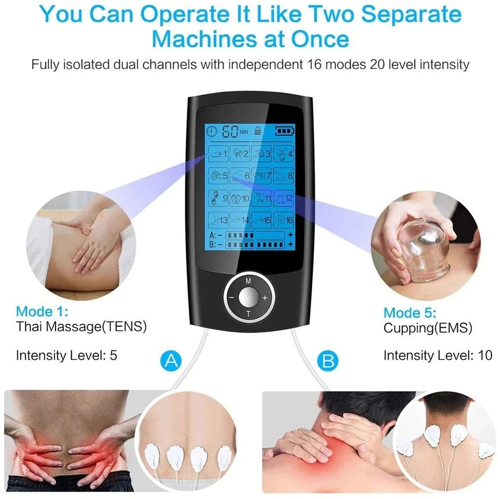 TENS Unit Muscle Stimulator | 16 Modes, Dual Output, Rechargeable EMS Massager for Pain Relief – Back, Neck, Legs