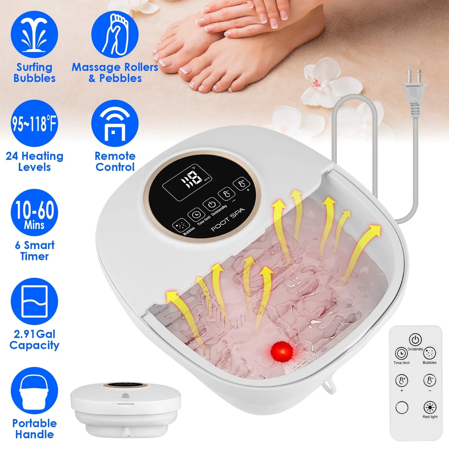 Electric Collapsible Foot Spa Bath Tub | Heating, Surfing Bubbles, 6 Rollers, Remote Control & 24-Level Temperature | Foldable & Portable Design