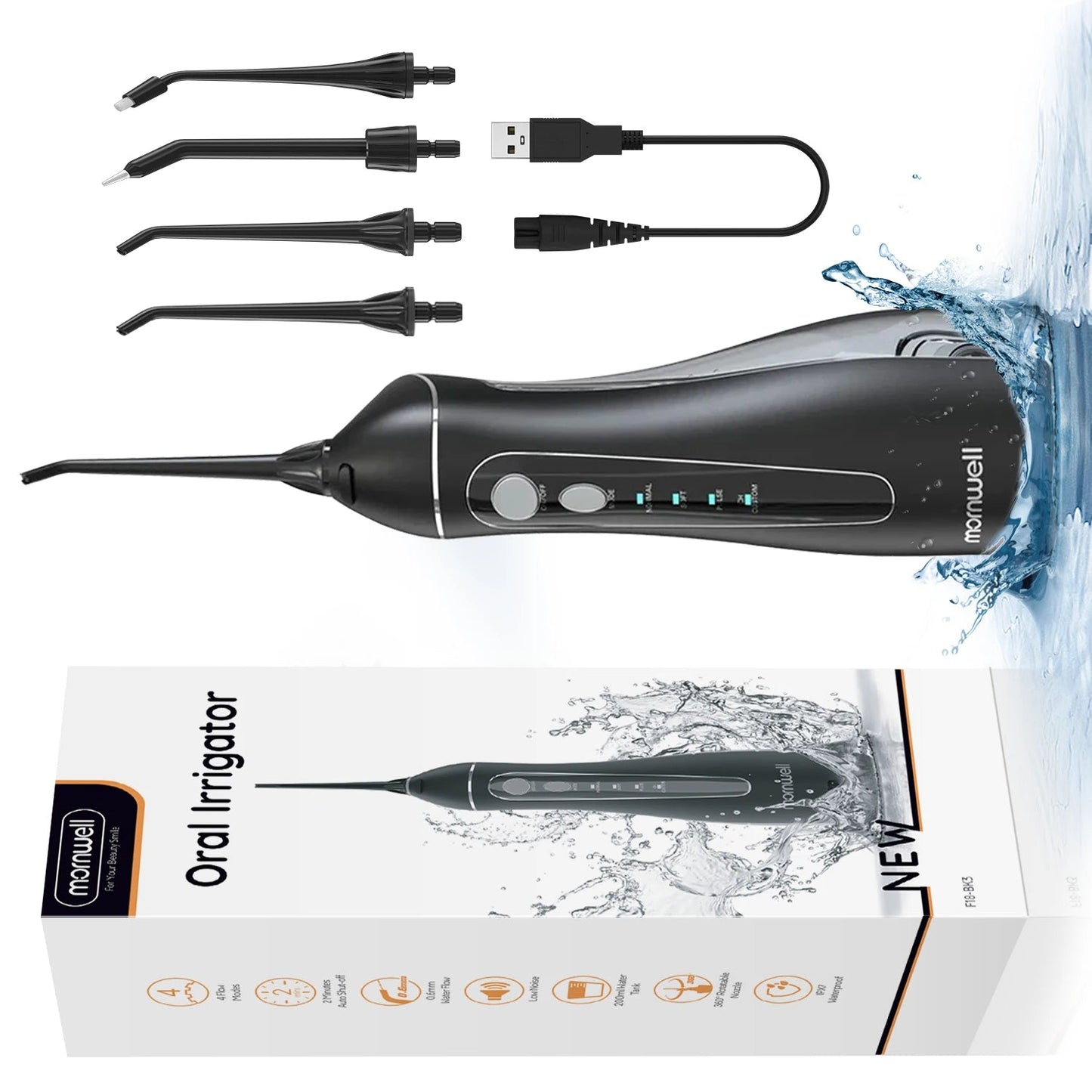 Cordless Water Flosser | Portable Oral Irrigator for Teeth Cleaning | 200ML Tank, 4 Nozzles, Rechargeable, IPX7 Waterproof, 3 Modes