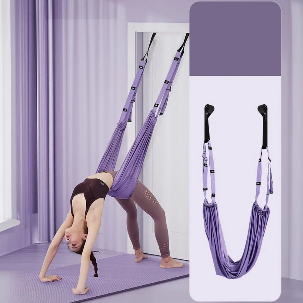 Adjustable Aerial Yoga Strap – Metal-Buckle Stretch Belt for Splits, Inversions & Backbends, Cotton-Blend, Pink/Green/Purple Purple