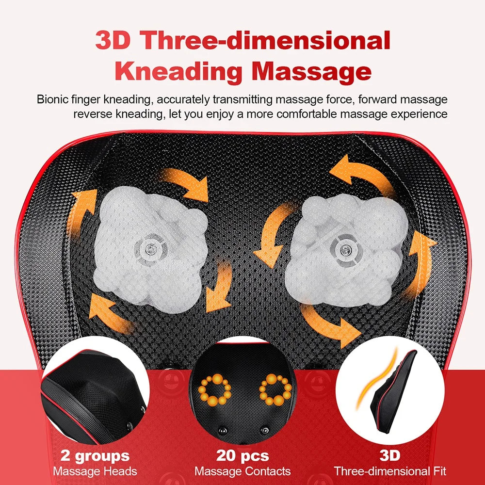 3D Kneading Massage Pillow | 20 Nodes, Heat Therapy, 4-Level Vibration & Full Spine Support