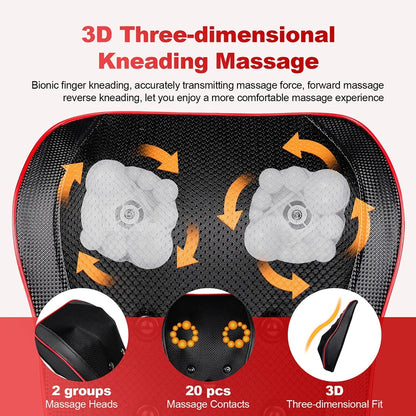 3D Kneading Massage Pillow | 20 Nodes, Heat Therapy, 4-Level Vibration & Full Spine Support