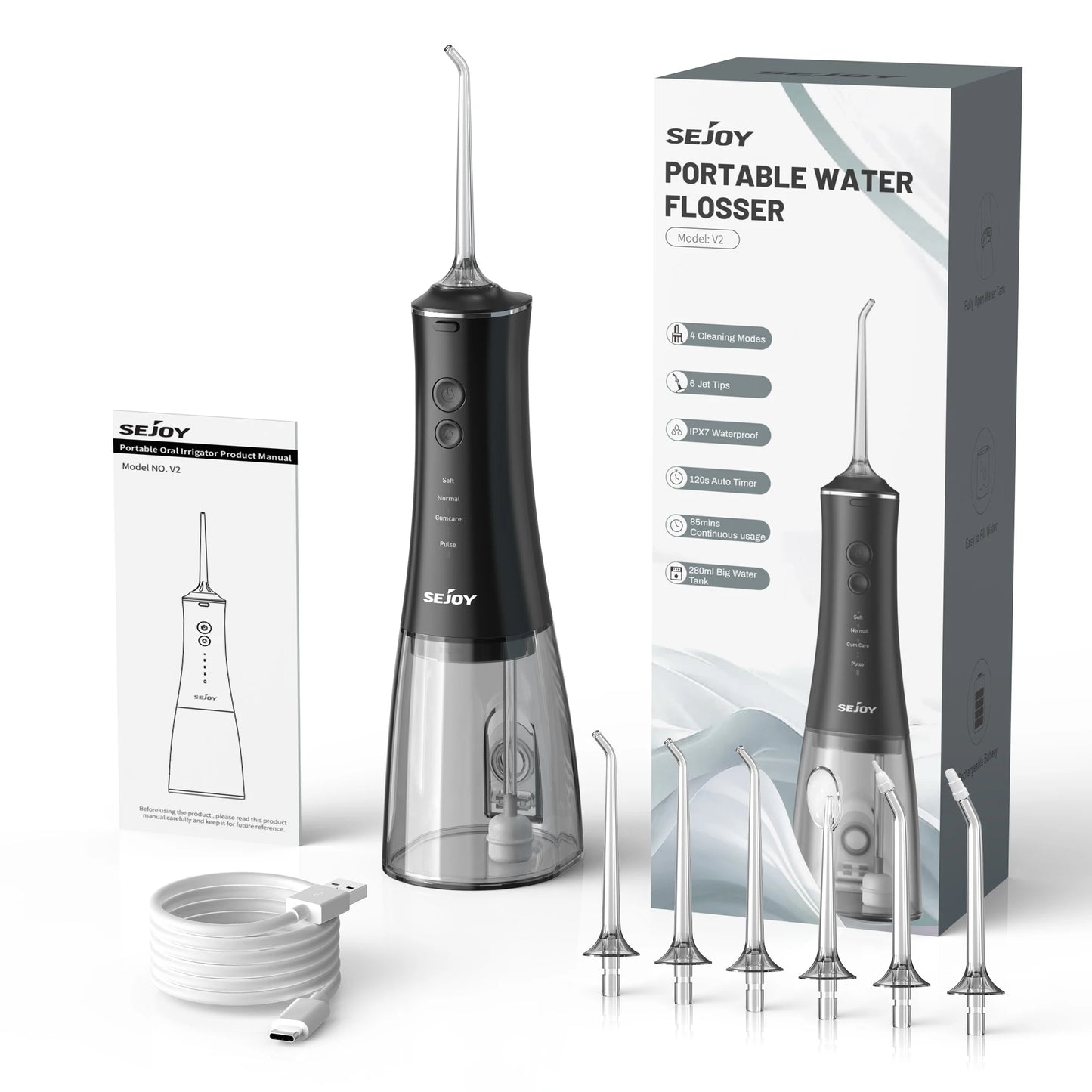 Cordless Water Flosser for Teeth 280ml | 4 Modes, 6 Jets, USB Rechargeable Oral Irrigator | Portable Dental Cleaner for Travel & Home Use Black