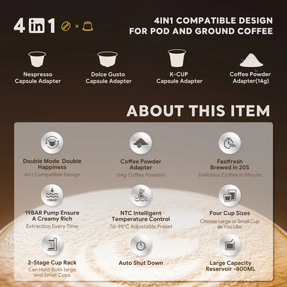 4-in-1 Capsule Coffee Machine – 19-Bar Espresso Maker, Fits Nespresso*, Dolce Gusto*, K-Cup* & Ground Coffee, Hot-Water Mode