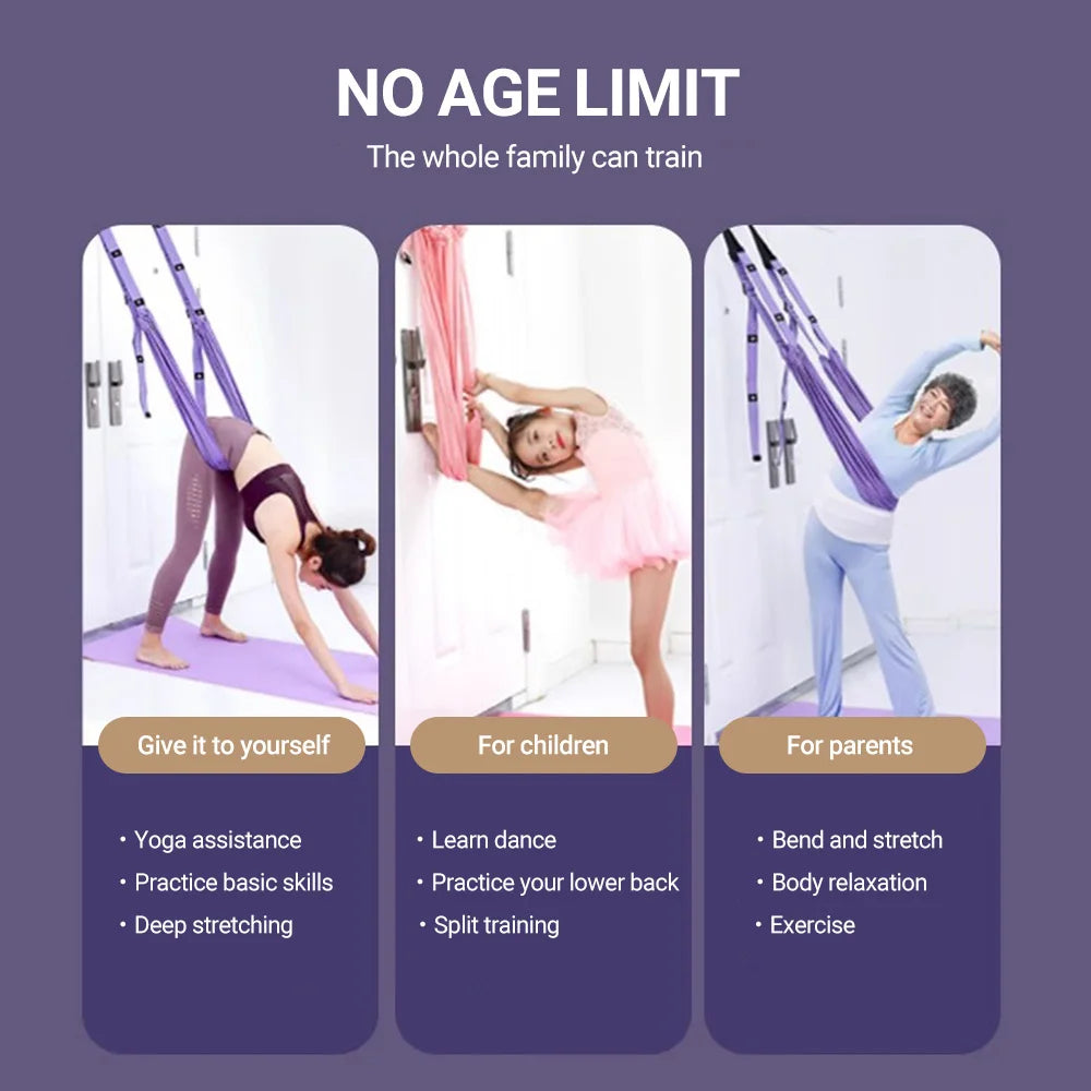 Adjustable Aerial Yoga Strap – Metal-Buckle Stretch Belt for Splits, Inversions & Backbends, Cotton-Blend, Pink/Green/Purple