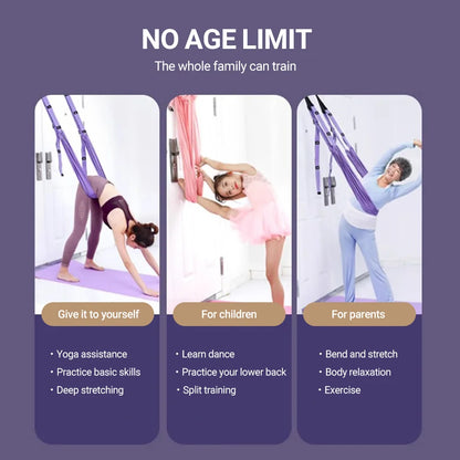 Adjustable Aerial Yoga Strap – Metal-Buckle Stretch Belt for Splits, Inversions & Backbends, Cotton-Blend, Pink/Green/Purple