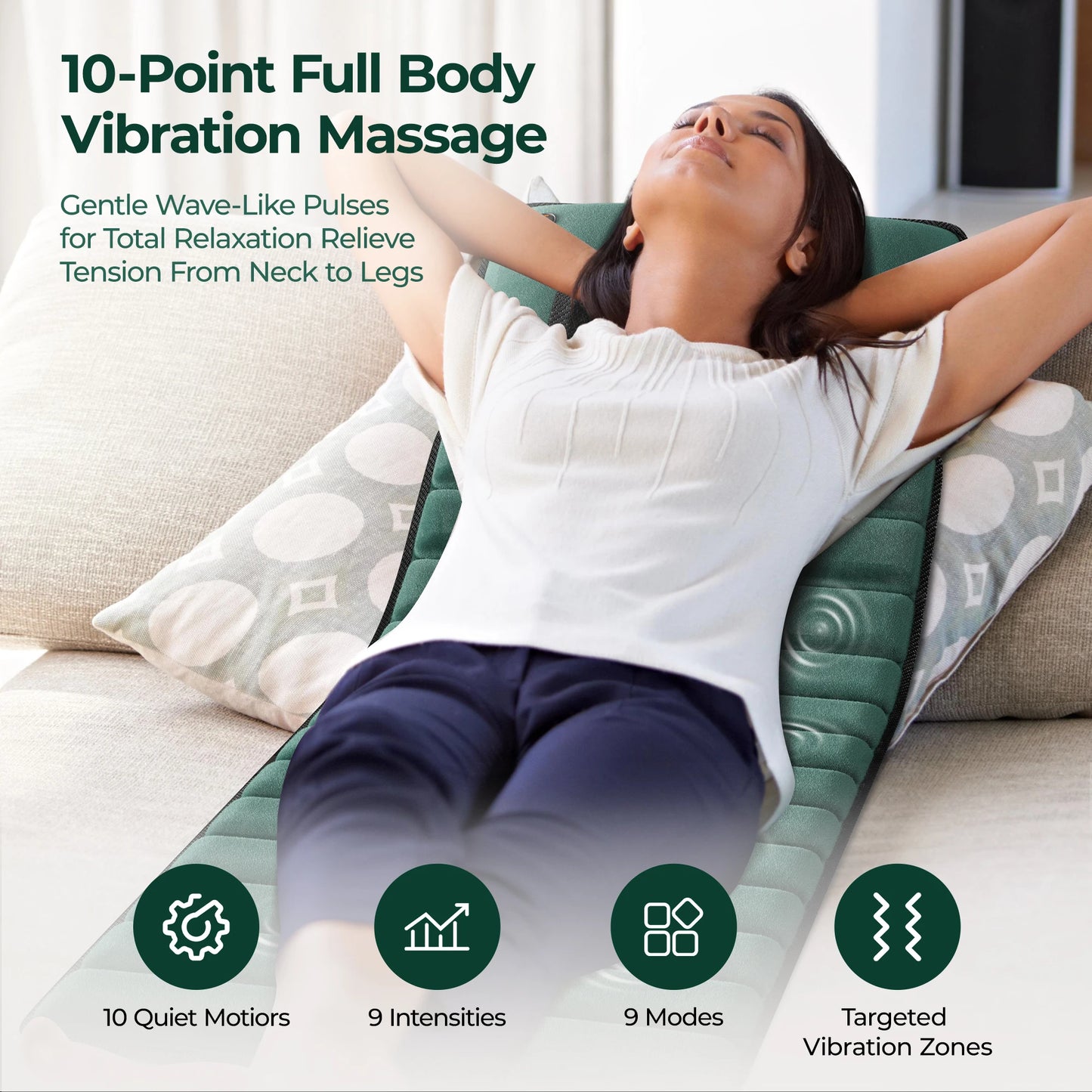 Full Body Massage Mat with Heat | 10 Motor Vibration Therapy Pad, 9 Speed Relaxation Mattress with Detachable Neck Pillow