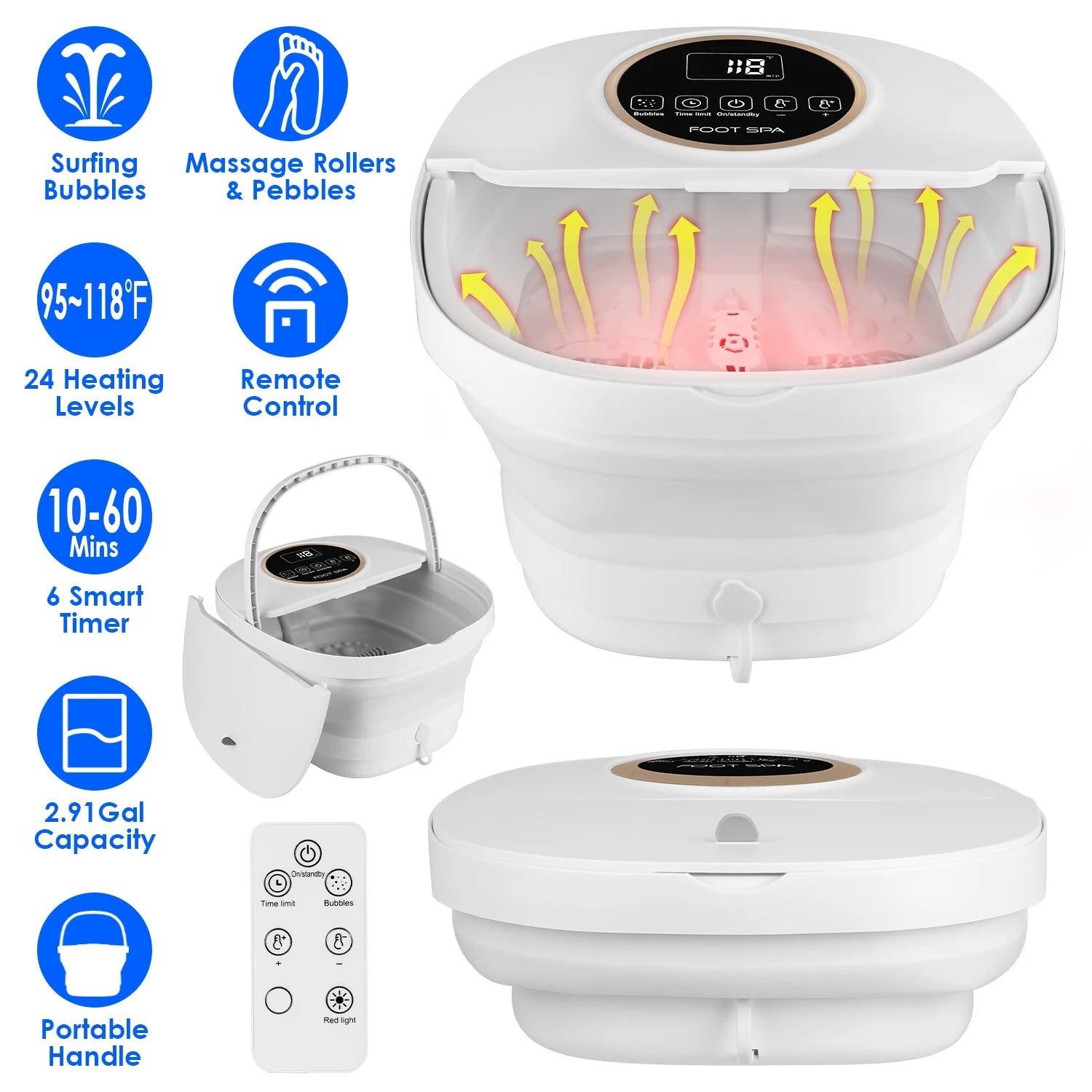 Electric Collapsible Foot Spa Bath Tub | Heating, Surfing Bubbles, 6 Rollers, Remote Control & 24-Level Temperature | Foldable & Portable Design