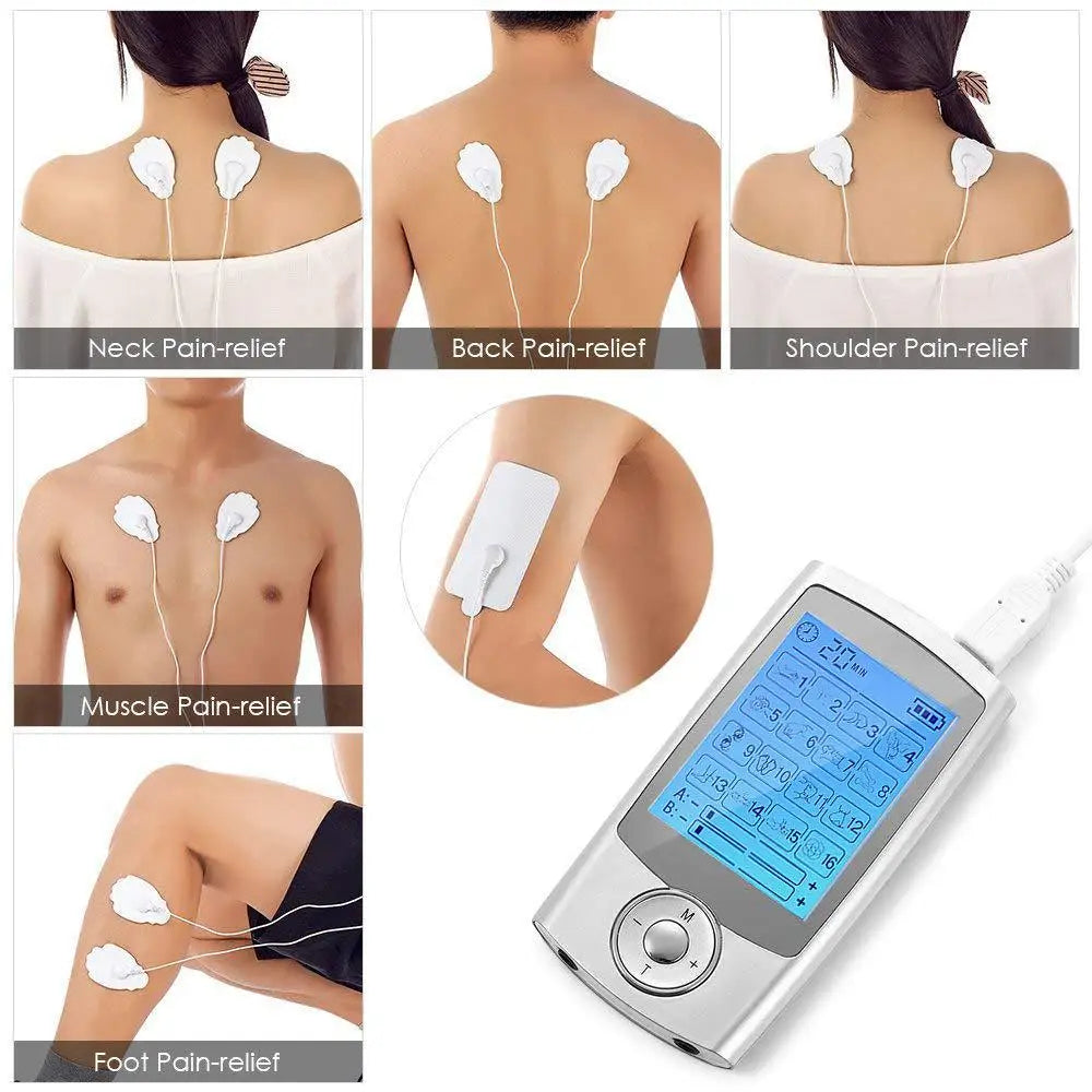 TENS Unit Muscle Stimulator | 16 Modes, Dual Output, Rechargeable EMS Massager for Pain Relief – Back, Neck, Legs Silver