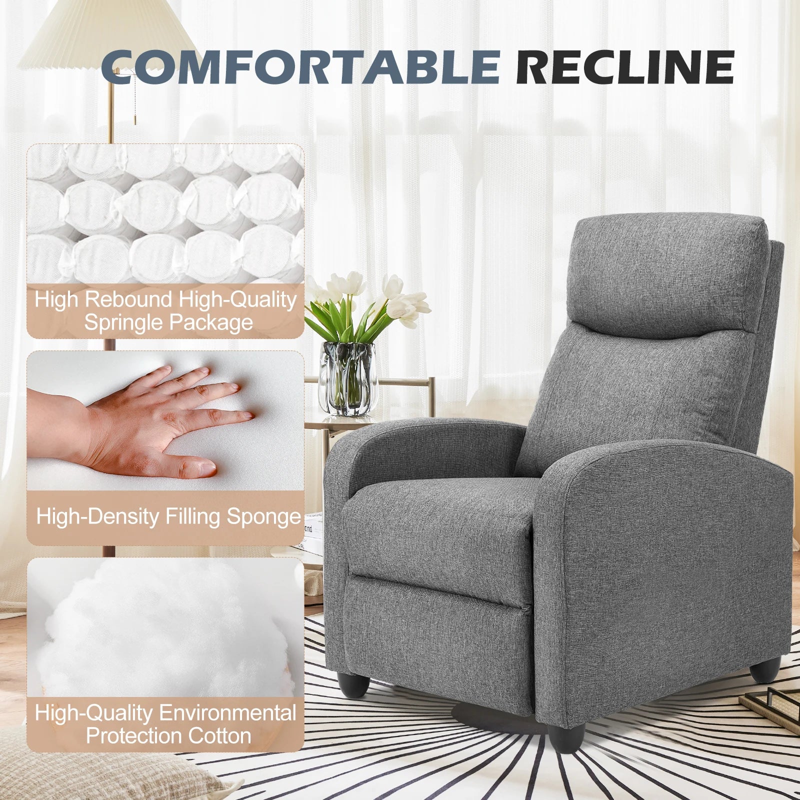 Recliner Massage Chair | Adjustable Fabric Sofa | Lumbar Support & Full Backrest | Modern Grey and Black