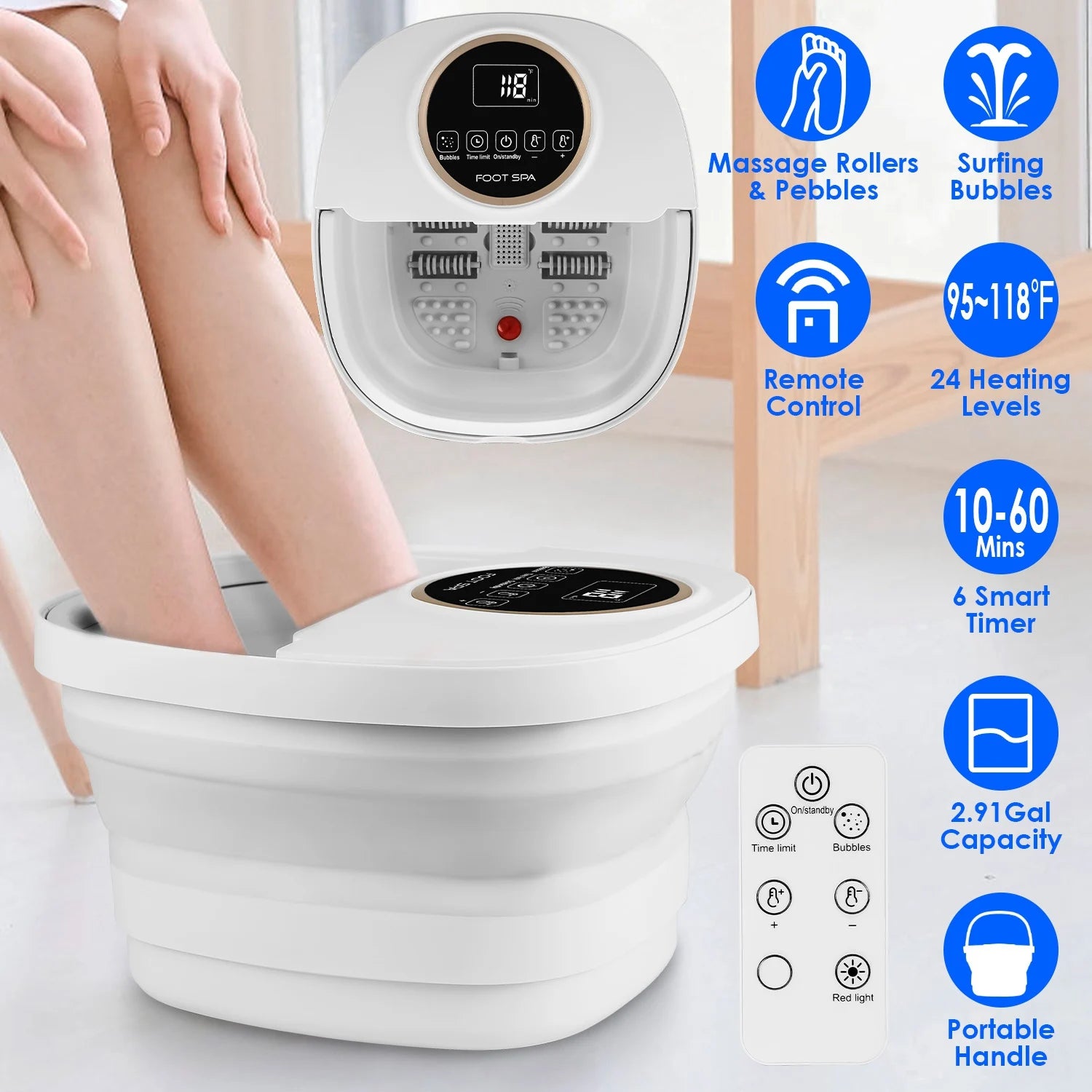Electric Collapsible Foot Spa Bath Tub | Heating, Surfing Bubbles, 6 Rollers, Remote Control & 24-Level Temperature | Foldable & Portable Design