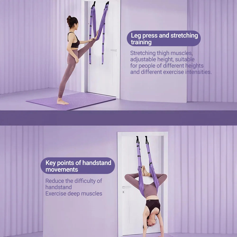 Adjustable Aerial Yoga Strap – Metal-Buckle Stretch Belt for Splits, Inversions & Backbends, Cotton-Blend, Pink/Green/Purple