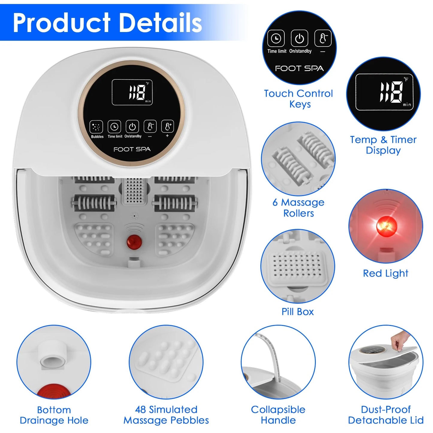 Electric Collapsible Foot Spa Bath Tub | Heating, Surfing Bubbles, 6 Rollers, Remote Control & 24-Level Temperature | Foldable & Portable Design