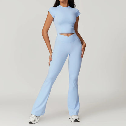 Yoga Set for Women | 2-Piece Short Sleeve Crop Top and High Waisted Leggings Workout Outfit with Quick-Dry Stretch Fabric