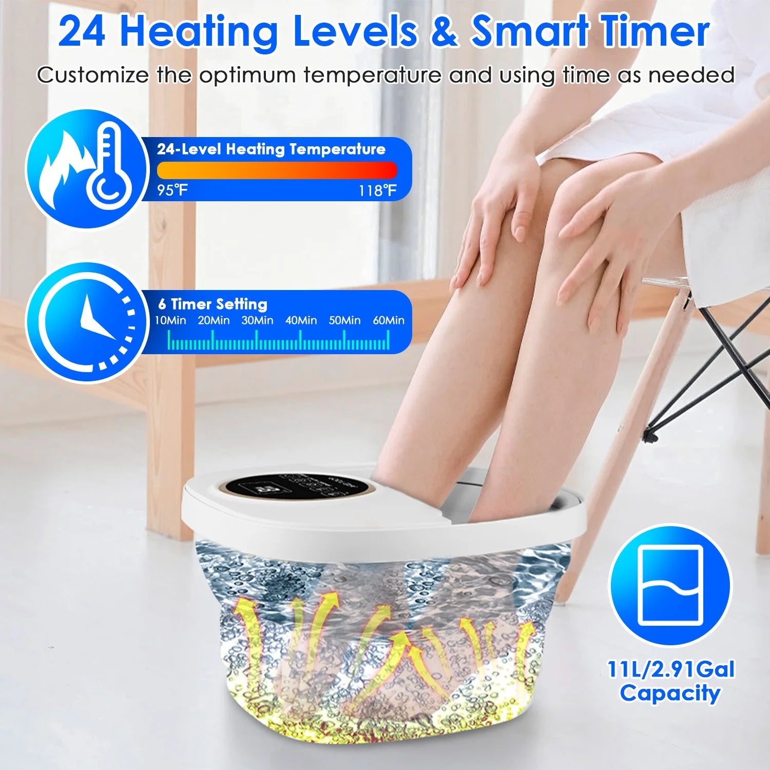 Electric Collapsible Foot Spa Bath Tub | Heating, Surfing Bubbles, 6 Rollers, Remote Control & 24-Level Temperature | Foldable & Portable Design