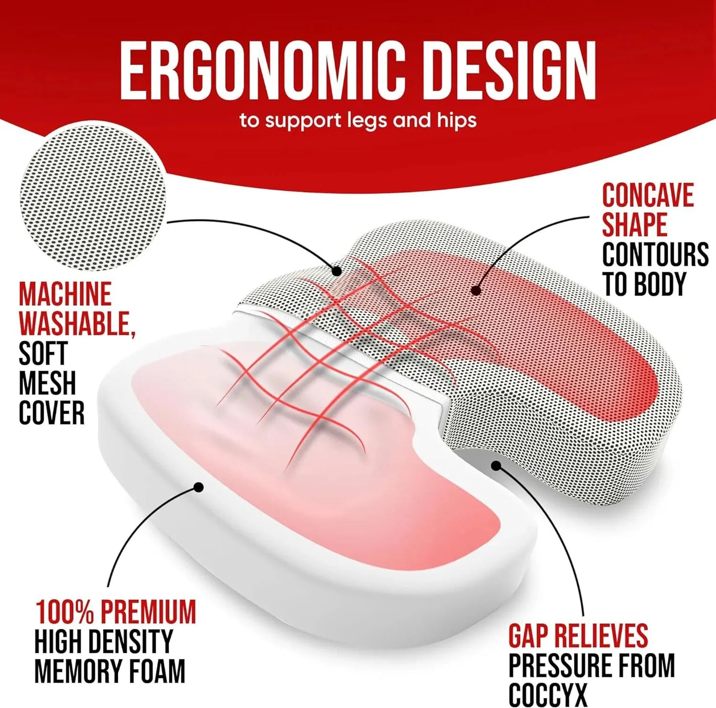 Ergonomic Seat Cushion for Tailbone Pain Relief | Memory Foam Coccyx Pillow for Office Chair, Hemorrhoid & Sciatica Support