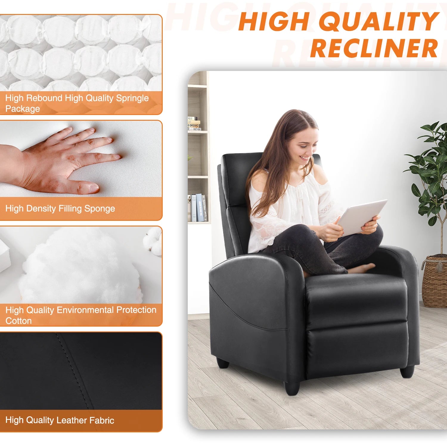 Recliner Massage Chair | Adjustable Fabric Sofa | Lumbar Support & Full Backrest | Modern Grey and Black