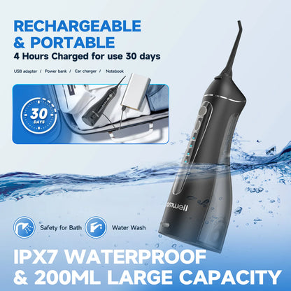 Cordless Water Flosser | Portable Oral Irrigator for Teeth Cleaning | 200ML Tank, 4 Nozzles, Rechargeable, IPX7 Waterproof, 3 Modes