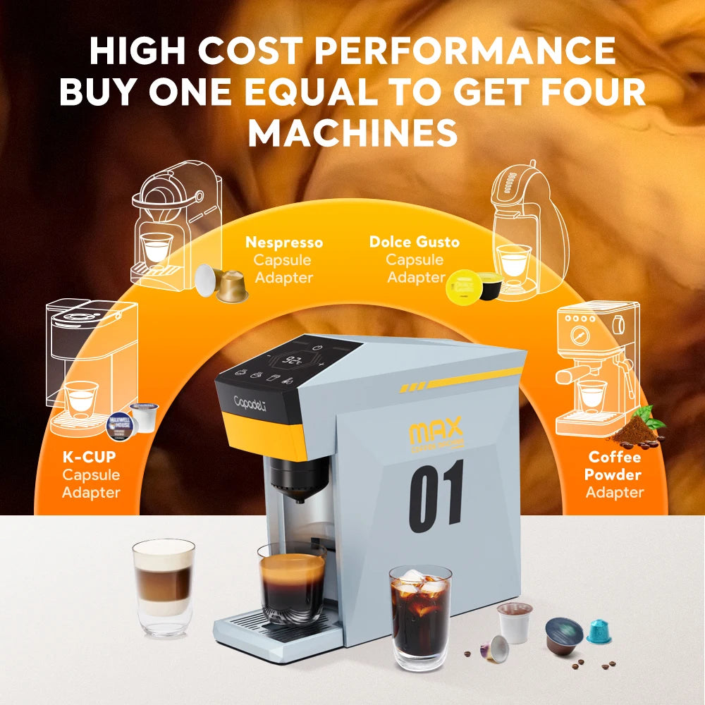4-in-1 Capsule Coffee Machine – 19-Bar Espresso Maker, Fits Nespresso*, Dolce Gusto*, K-Cup* & Ground Coffee, Hot-Water Mode