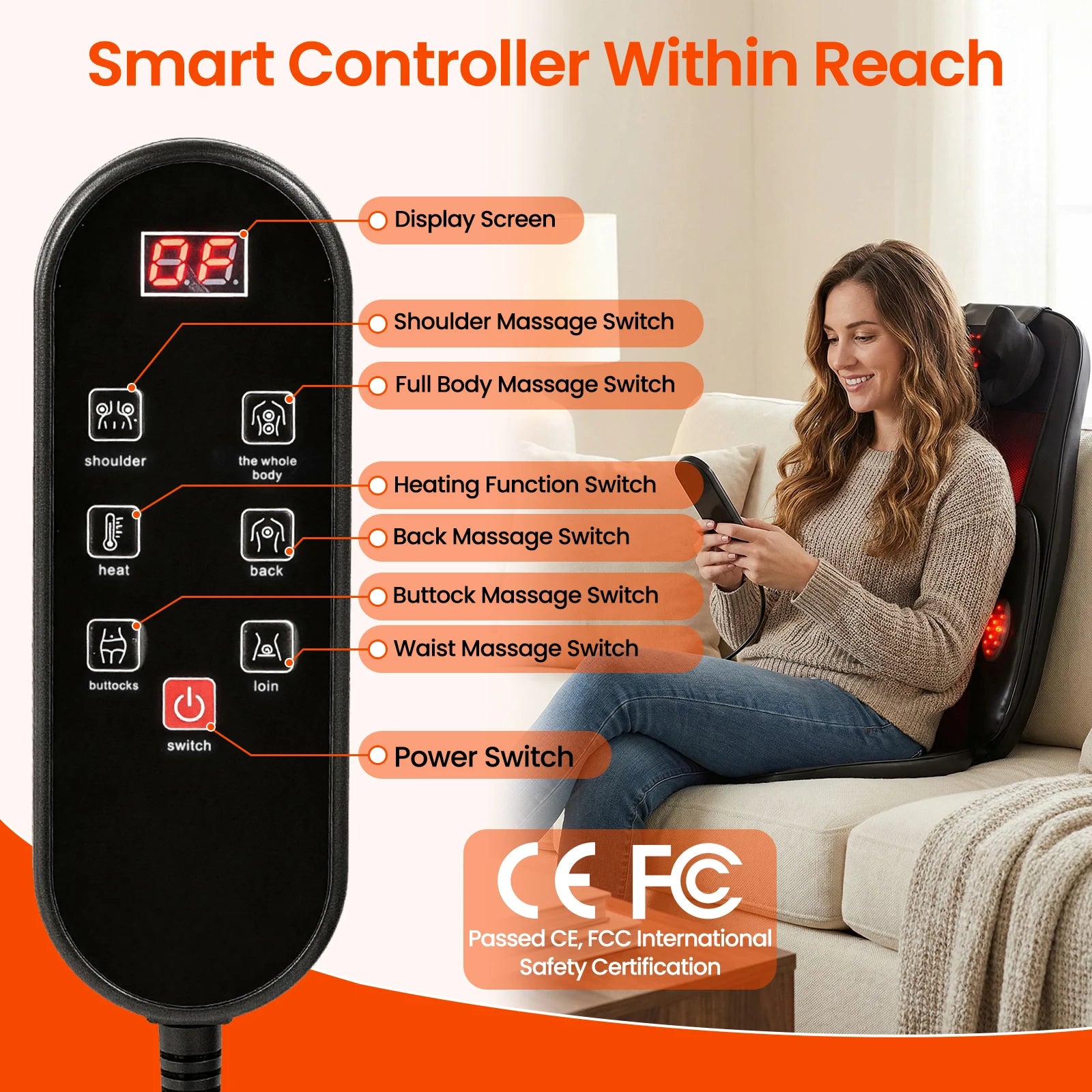 Heated Full-Back Massage Seat Cushion with Remote Control