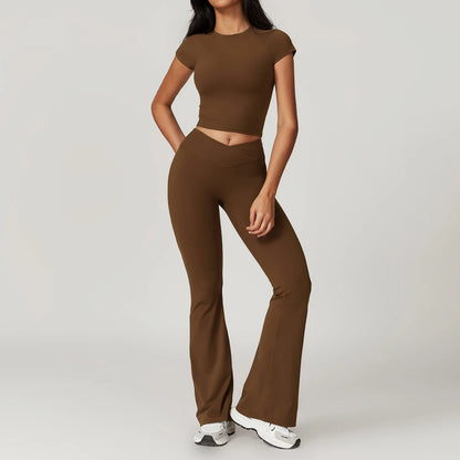 Yoga Set for Women | 2-Piece Short Sleeve Crop Top and High Waisted Leggings Workout Outfit with Quick-Dry Stretch Fabric