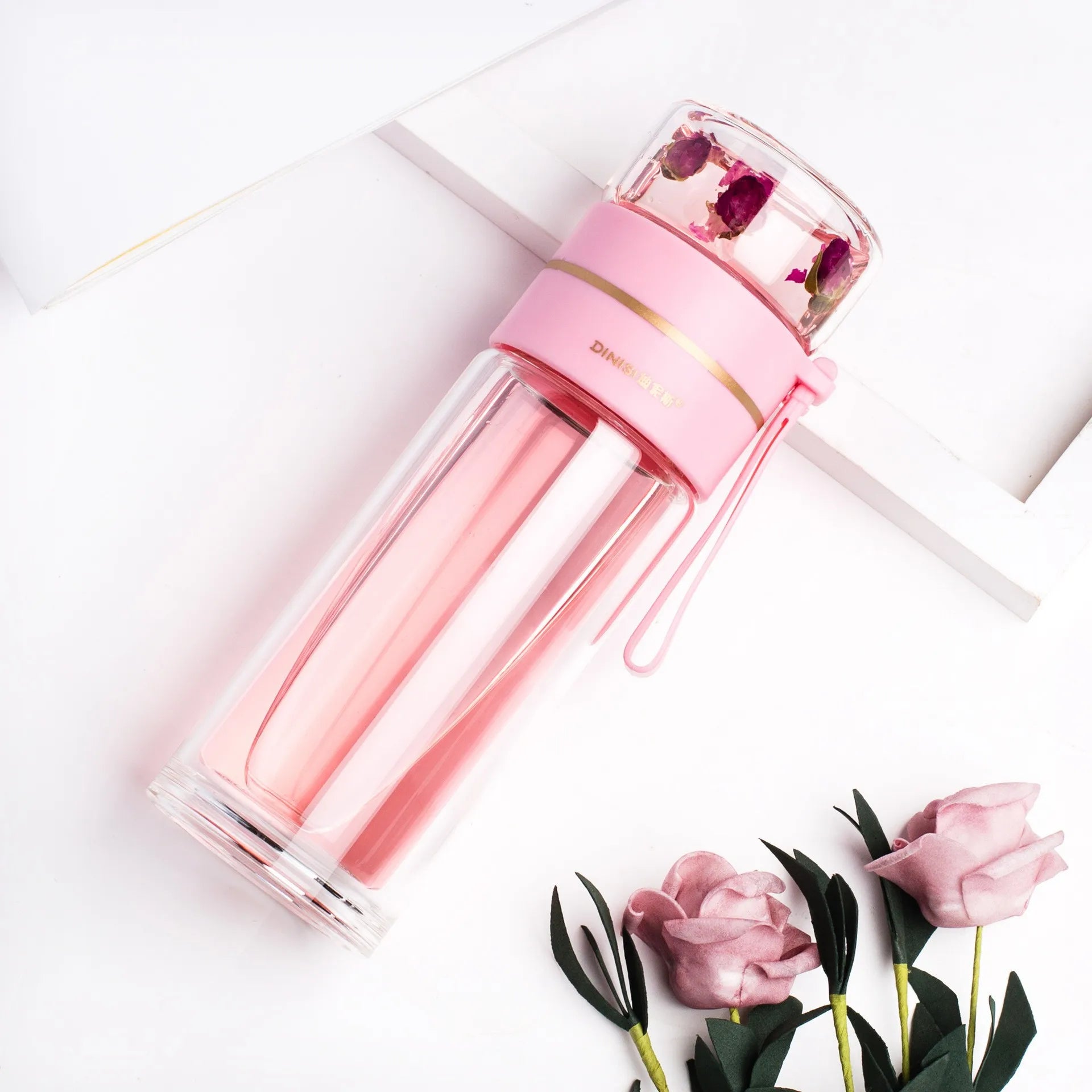 Glass Tea Infuser Bottle 13.5 oz | Double-Wall Borosilicate Glass with Stainless Steel Filter & Tea Separation | Portable Water Cup with Lid Pink