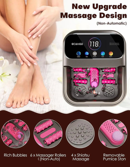 Collapsible Foot Spa with Heat & Bubbles | Foot Bath Massager with Temperature Control, Remote, Rollers & Pedicure Stone