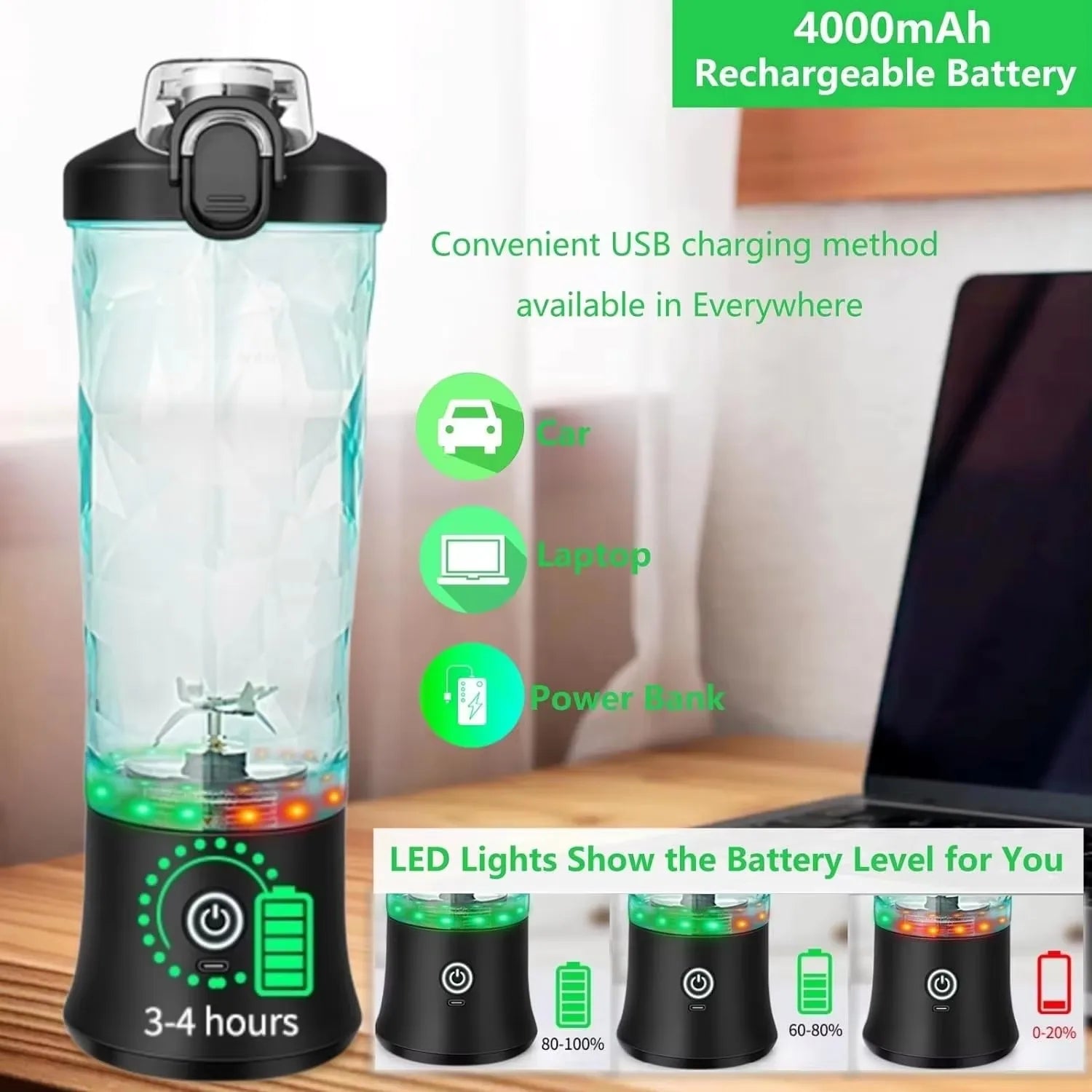 Portable Blender | 6-Blade | 600ML | Rechargeable | USB Type-C | Ice-Crushing Power