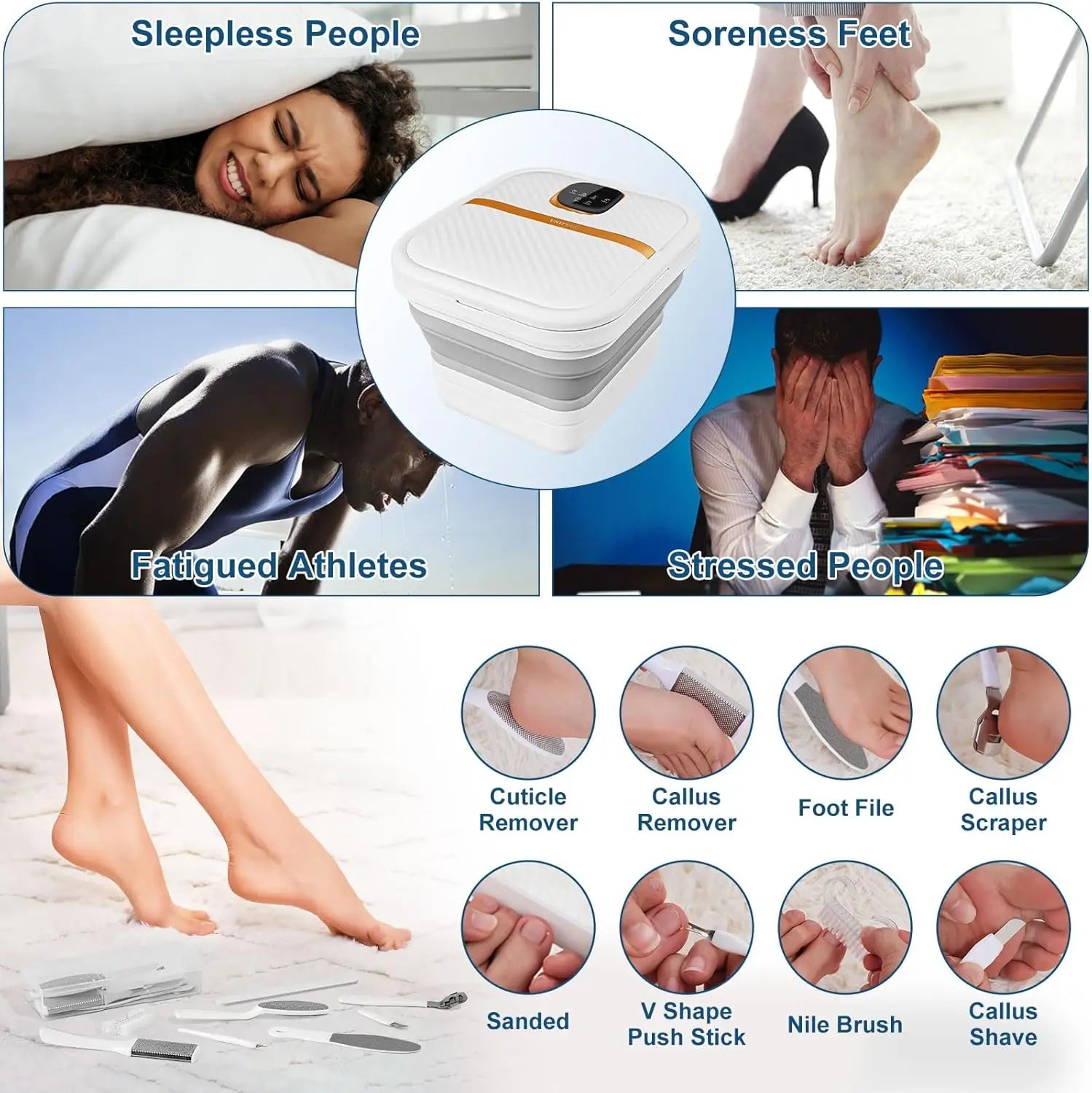Foot Spa Massager with Heat & Motorized Rollers | Collapsible Heated Foot Bath with Temperature Control, Bubbles & Pedicure Kit