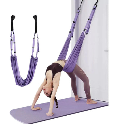 Adjustable Aerial Yoga Strap – Metal-Buckle Stretch Belt for Splits, Inversions & Backbends, Cotton-Blend, Pink/Green/Purple