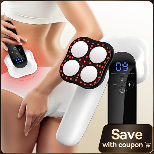 Body Slimming Massager with RF, Red Light, Microcurrent | 10 Levels, 3 Modes, Heat Therapy | Fat Burning & Skin Tightening Device for Arms, Legs, Waist