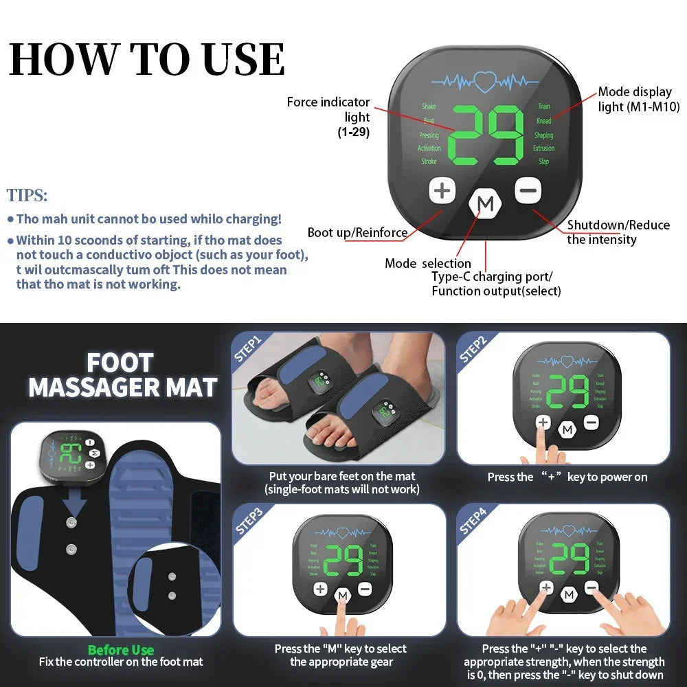 EMS Foot Massager Slippers with Remote Control | Electric Foot Stimulation Shoes, 10 Modes, 29 Intensity Levels, Muscle Relaxation Device