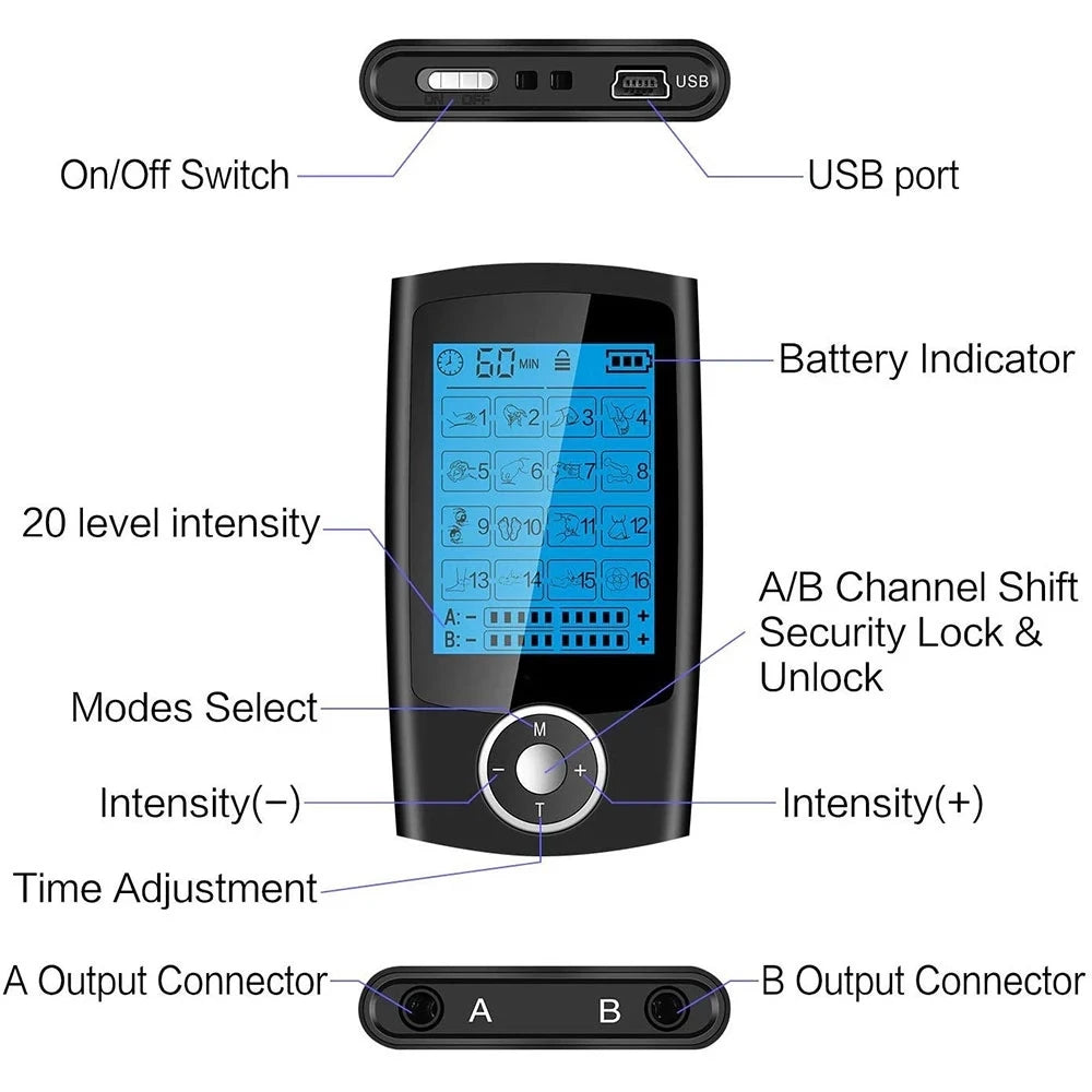 TENS Unit Muscle Stimulator | 16 Modes, Dual Output, Rechargeable EMS Massager for Pain Relief – Back, Neck, Legs