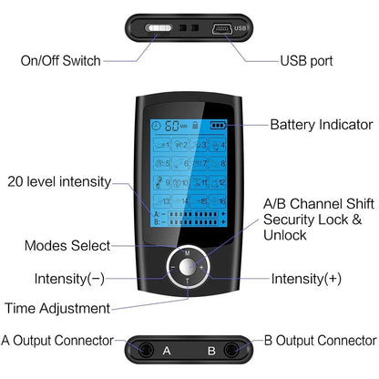 TENS Unit Muscle Stimulator | 16 Modes, Dual Output, Rechargeable EMS Massager for Pain Relief – Back, Neck, Legs