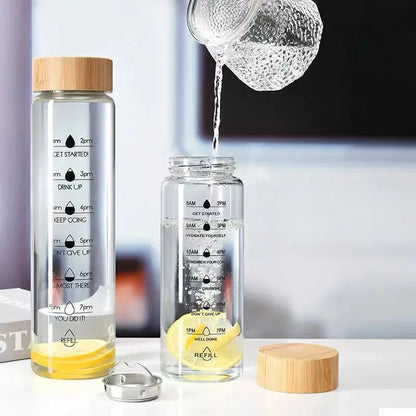 32 oz Glass Water Bottle with Time Marker – Borosilicate, Bamboo Leak-Proof Lid, Wide Mouth, BPA-Free 32oz