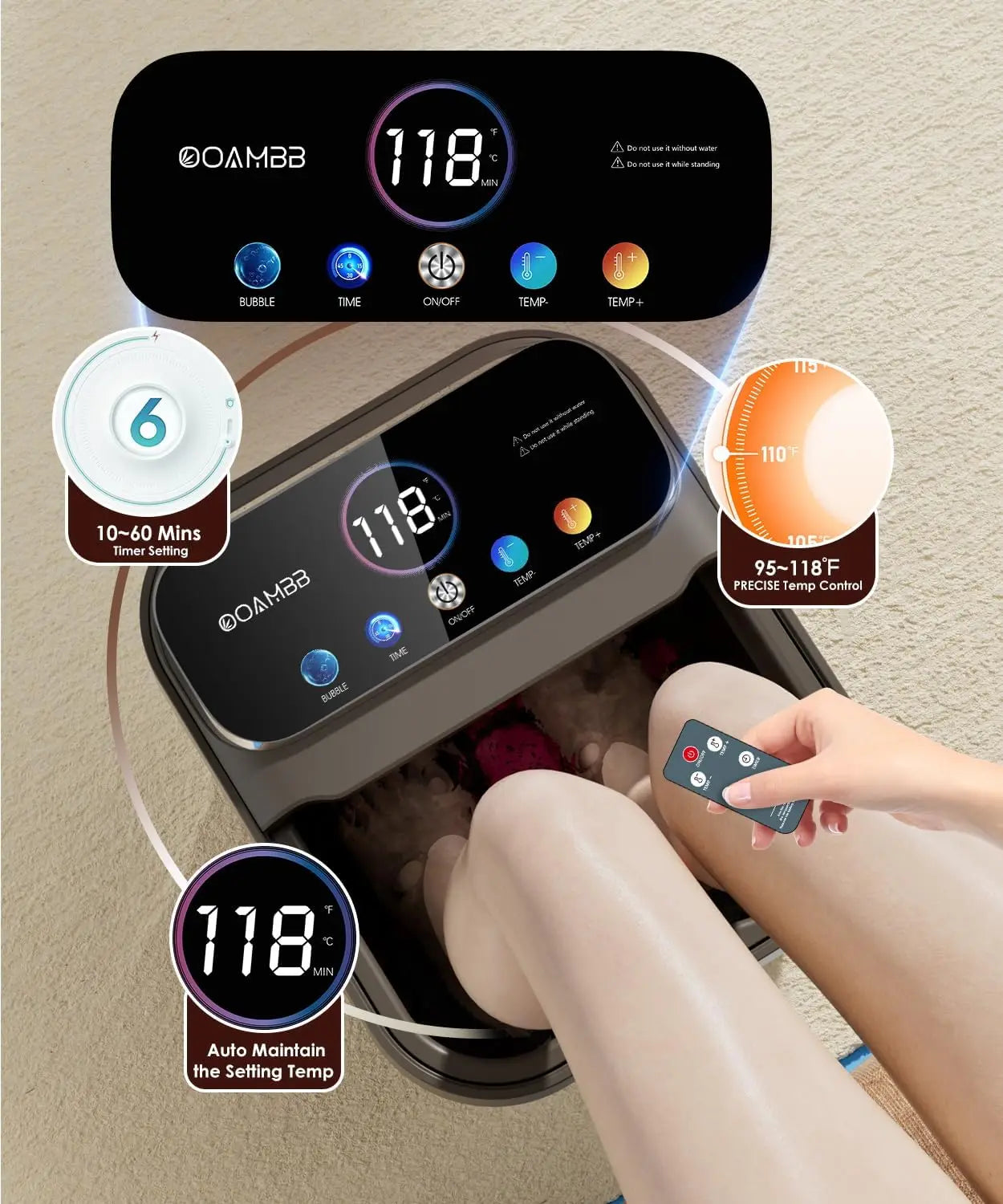 Collapsible Foot Spa with Heat & Bubbles | Foot Bath Massager with Temperature Control, Remote, Rollers & Pedicure Stone
