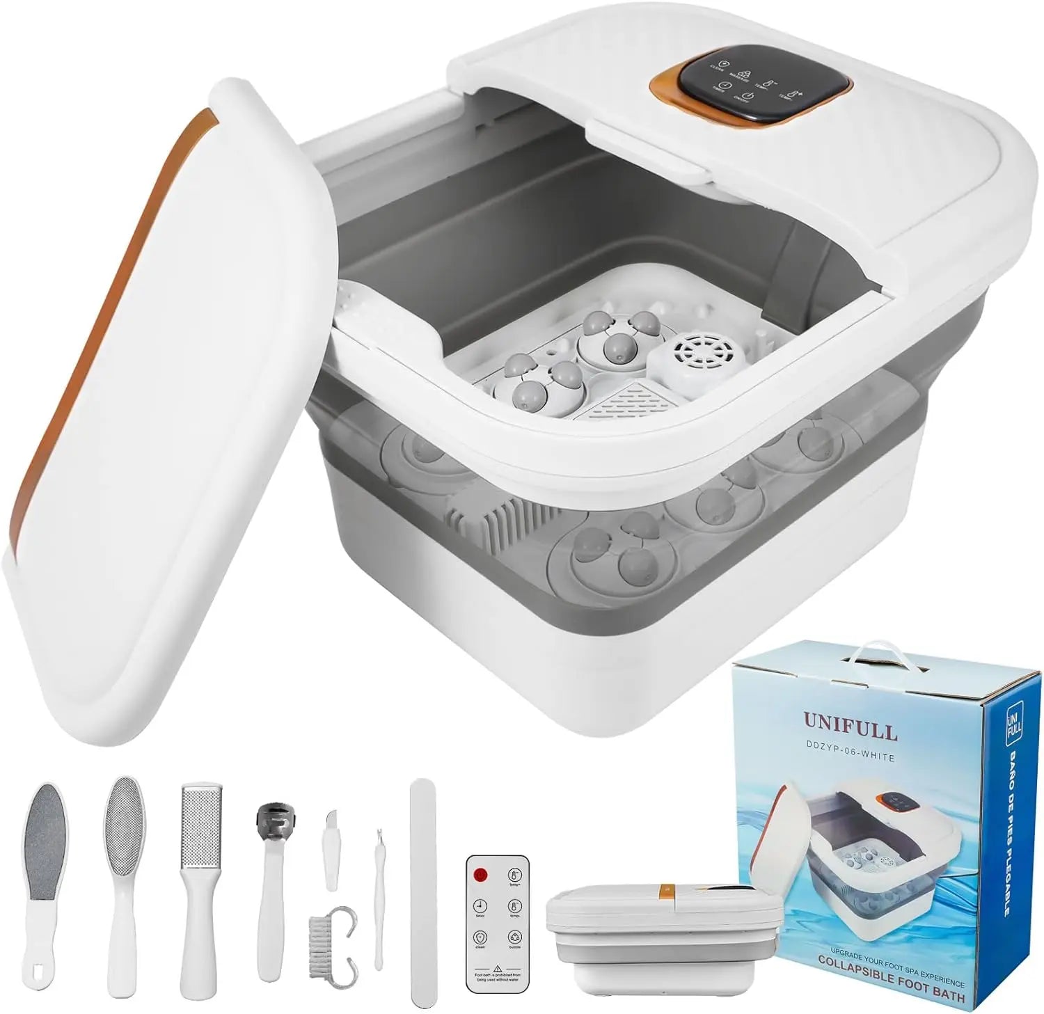 Foot Spa Massager with Heat & Motorized Rollers | Collapsible Heated Foot Bath with Temperature Control, Bubbles & Pedicure Kit