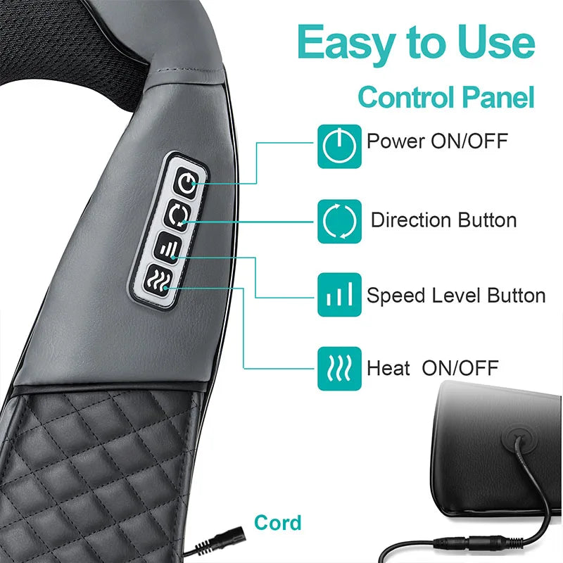Shiatsu Neck & Shoulder Massager | 8 Nodes | Heat Function | Portable with Car Adapter