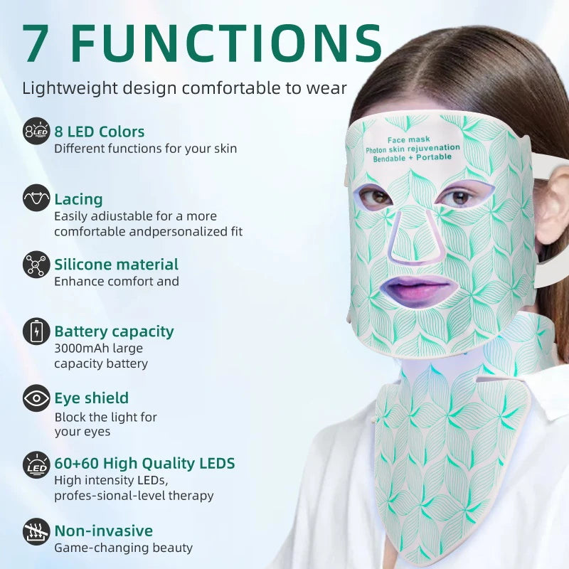 LED Face and Neck Light Therapy Mask – 8 Color Skin Rejuvenation