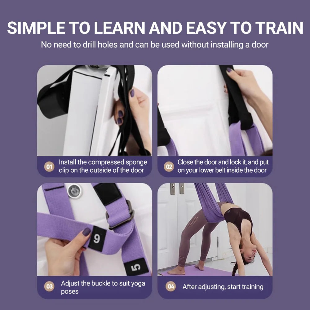 Adjustable Aerial Yoga Strap – Metal-Buckle Stretch Belt for Splits, Inversions & Backbends, Cotton-Blend, Pink/Green/Purple