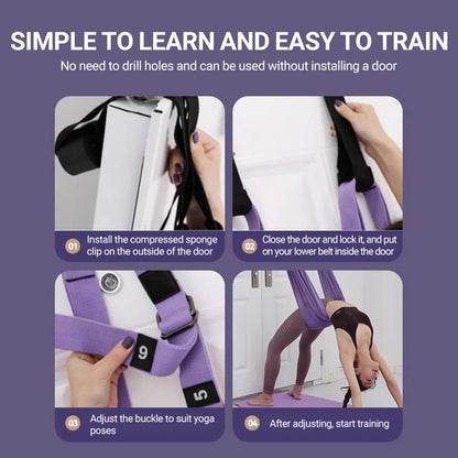 Adjustable Aerial Yoga Strap – Metal-Buckle Stretch Belt for Splits, Inversions & Backbends, Cotton-Blend, Pink/Green/Purple