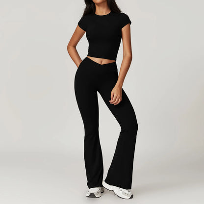 Yoga Set for Women | 2-Piece Short Sleeve Crop Top and High Waisted Leggings Workout Outfit with Quick-Dry Stretch Fabric