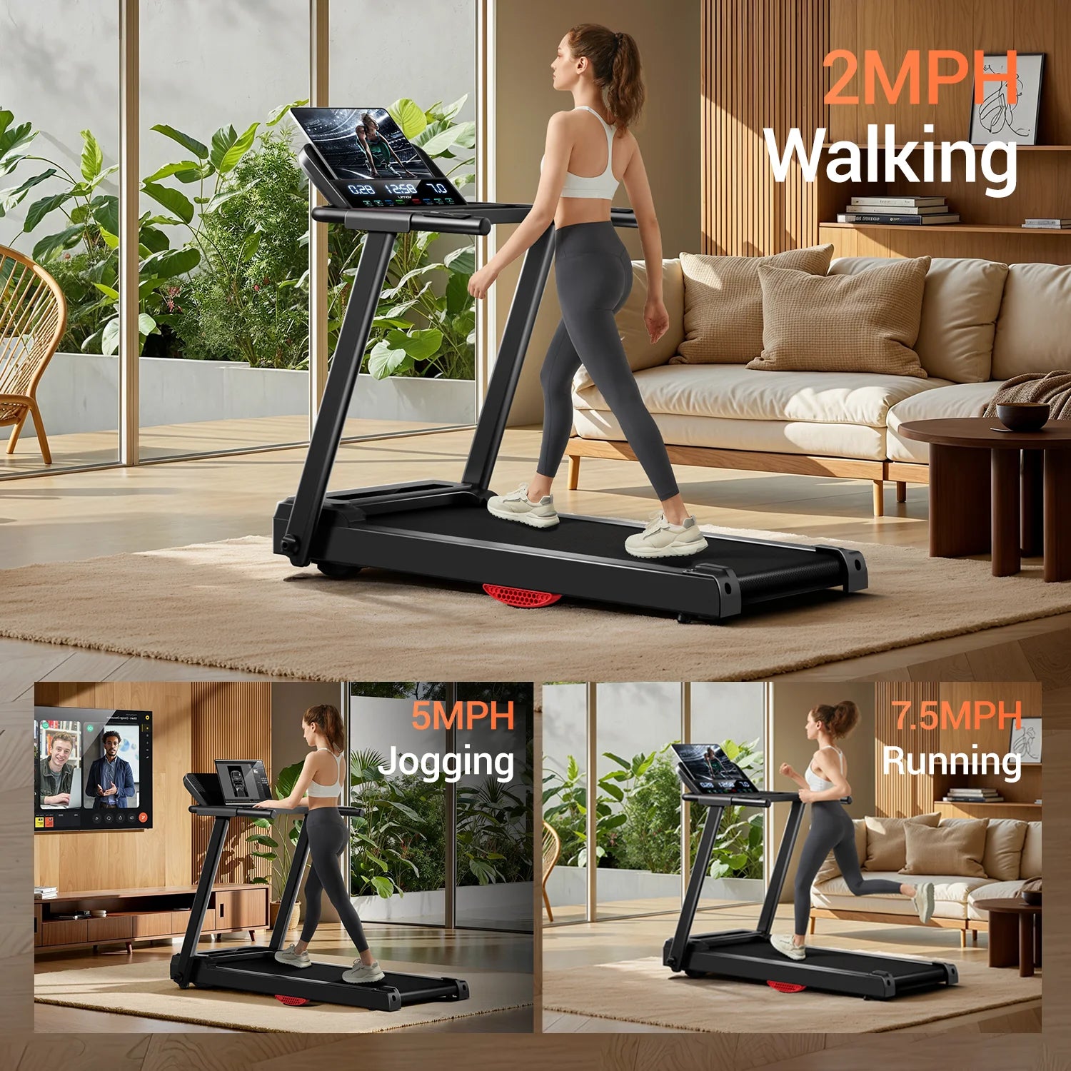 Foldable Treadmill with Smart Handrail & Shock Absorbing System 3.0 HP, Bluetooth & Heart Rate Monitor - 300LB Capacity